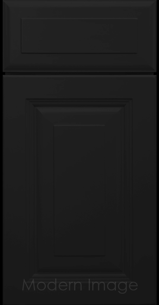 Durango raised panel cabinet door in a Black finish featuring a stepped molded frame.